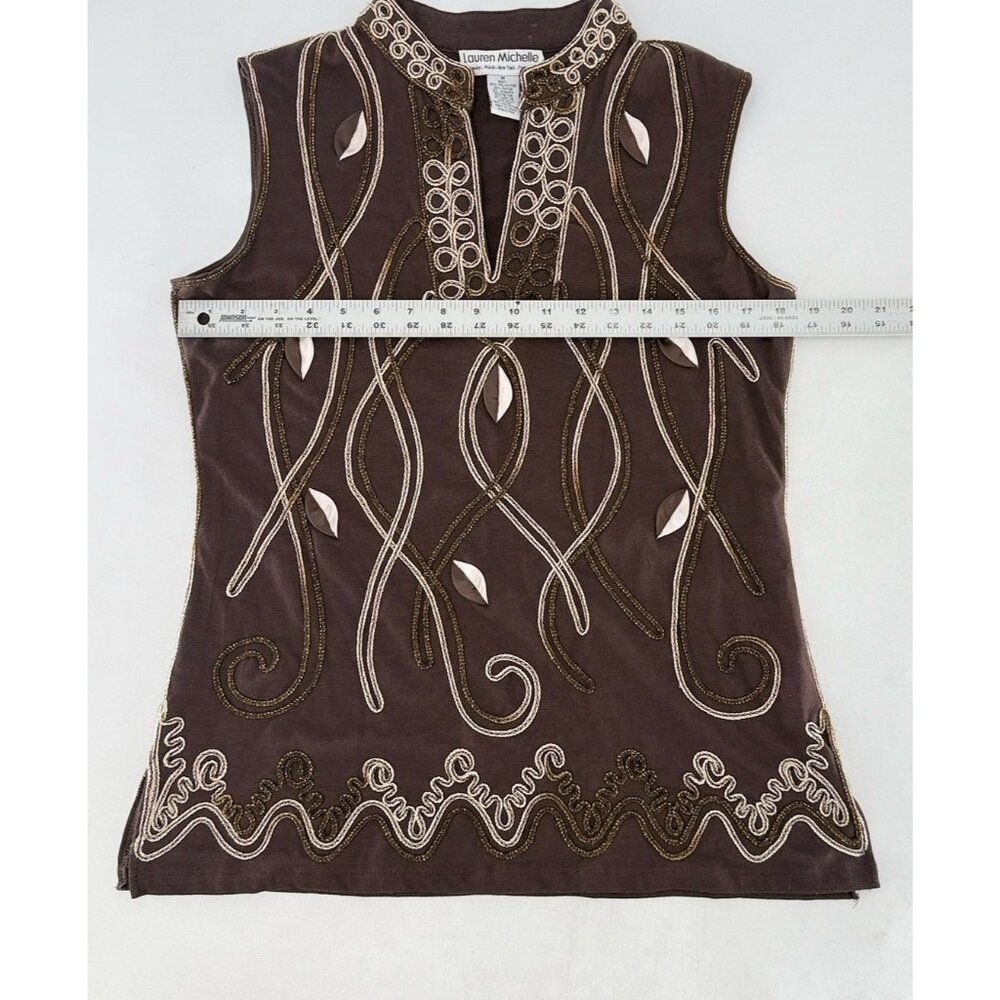 Lauren Michelle Brown Metallic Embroidered Applique Blouse Sz M Art To Wear Boho - Picture 8 of 8